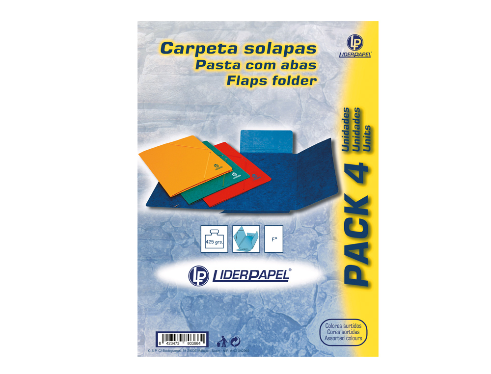 CARPETA LIDERPAPEL GOMAS TRES SOLAPAS CARTON SIMIL PRESPAN FOLIO PACK DE 4 UNIDADES COLORES SURTIDOS