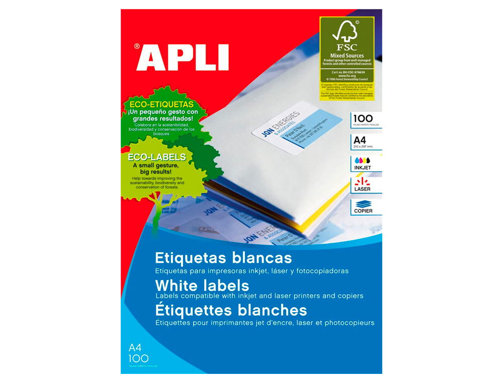 ETIQUETA ADHESIVA APLI 1275 TAMAO 105X40 MM -FOTOCOPIADORA -LASER -INK-JET-CAJA CON 1400 ETIQUETAS