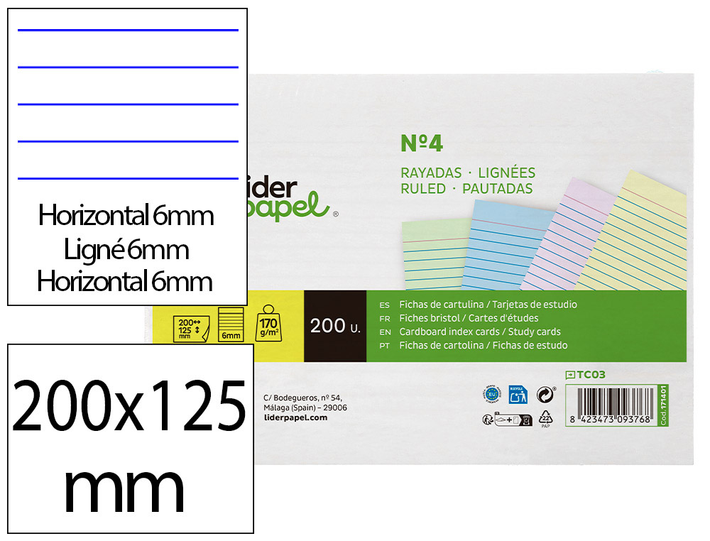 TARJETA LIDERPAPEL PARA ESTUDIAR RAYADA CARTULINA DE COLORES 170 GR/M2 125X200MM PAQUETE DE 200 UNIDADES