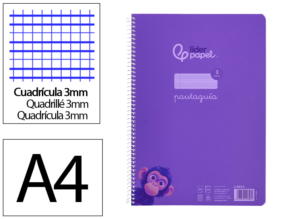 CUADERNO ESPIRAL LIDERPAPEL DIN A4 PAUTAGUIA TAPA PLASTICO 80H 90GR CUADRO PAUTADO 3 MM CON MARGEN COLOR LILA