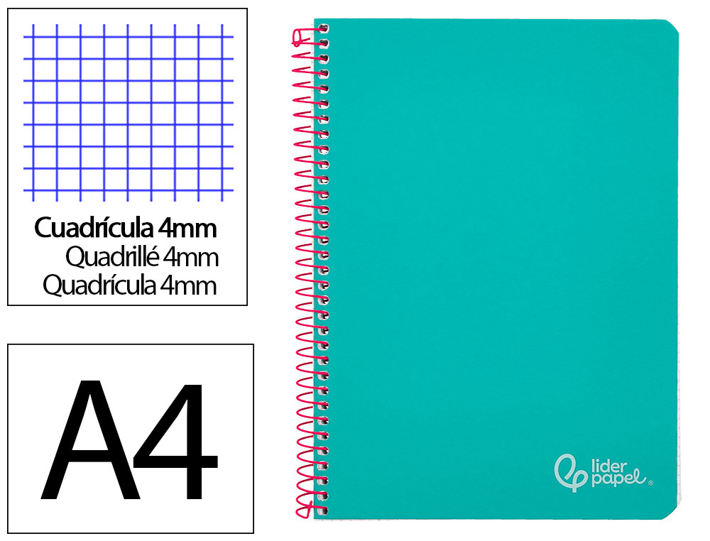 CUADERNO ESPIRAL LIDERPAPEL A4 WITTY TAPA DURA 80H 90GR CUADRO 4MM CON MARGEN COLOR TURQUESA
