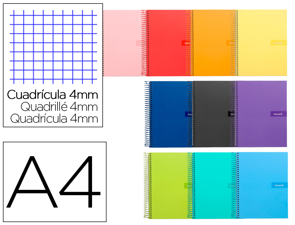 CUADERNO ESPIRAL LIDERPAPEL A4 CRAFTY TAPA FORRADA 80H 90 GR CUADRO 4MM CON MARGEN COLORES SURTIDOS