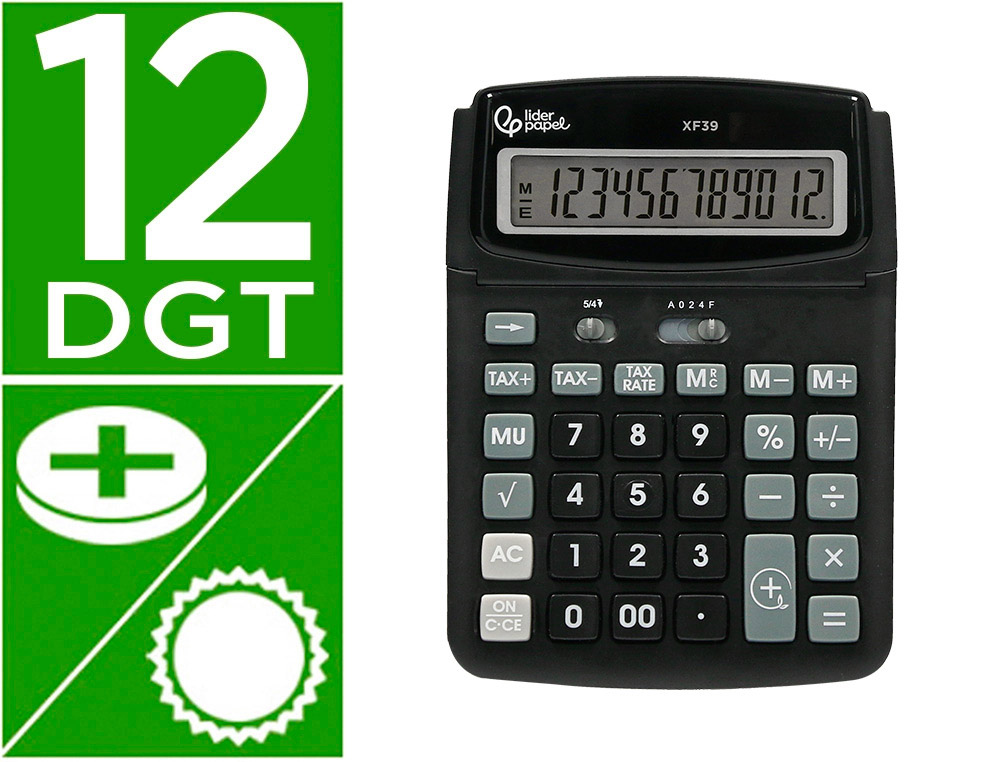 CALCULADORA LIDERPAPEL SOBREMESA XF39 12 DIGITOS SOLAR Y PILAS COLOR NEGRO 190X140X32 MM 40% RECICLADA
