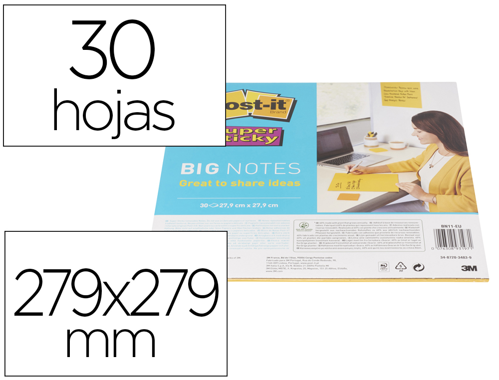 BLOC DE NOTAS ADHESIVAS QUITA Y PON POST-IT SUPER STICKY AMARILLO 30 HOJAS 279X279 MM