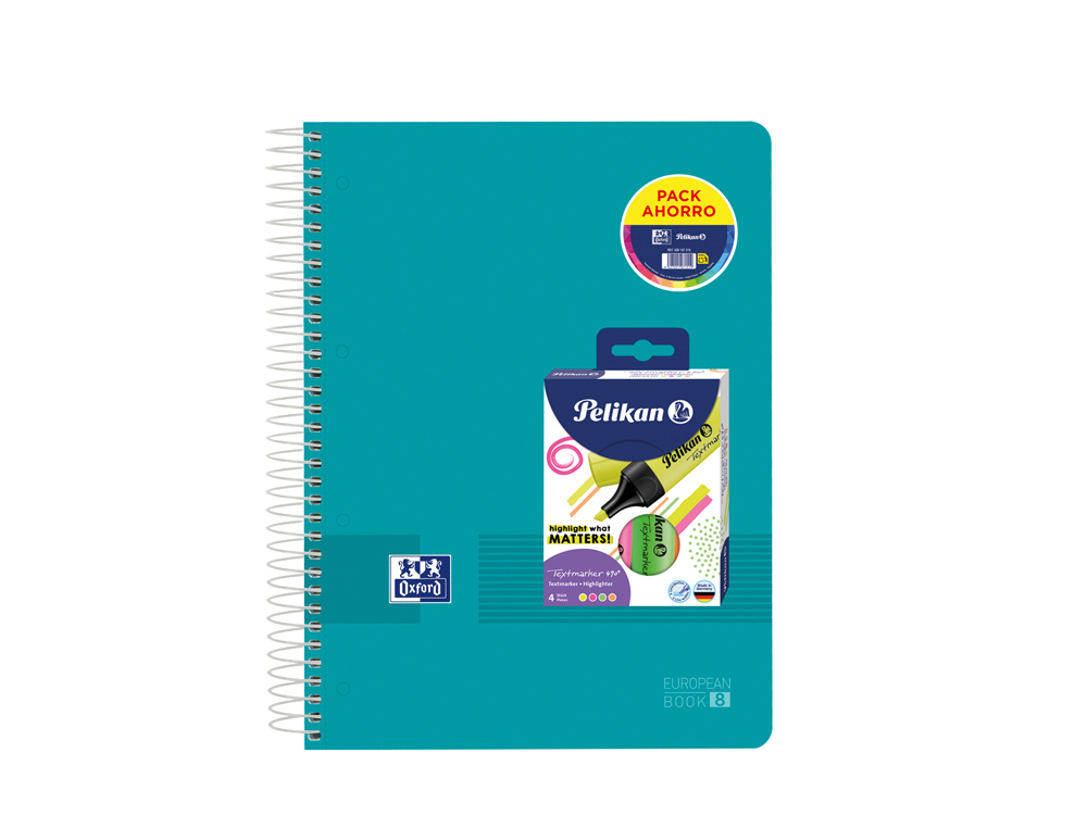 CUADERNO ESPIRAL OXFORD EUROPEANBOOK 8 TAPA POLIPROPILENO LIVE&GO DIN A4+ 120H CUADRO 5 MM + PACK 4