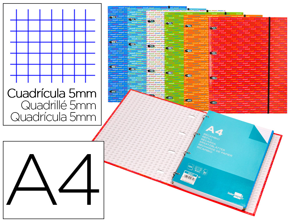 CARPETA CON RECAMBIO LIDERPAPEL A4 CUADRO 5MM FORRADA 4 ANILLAS 20MM