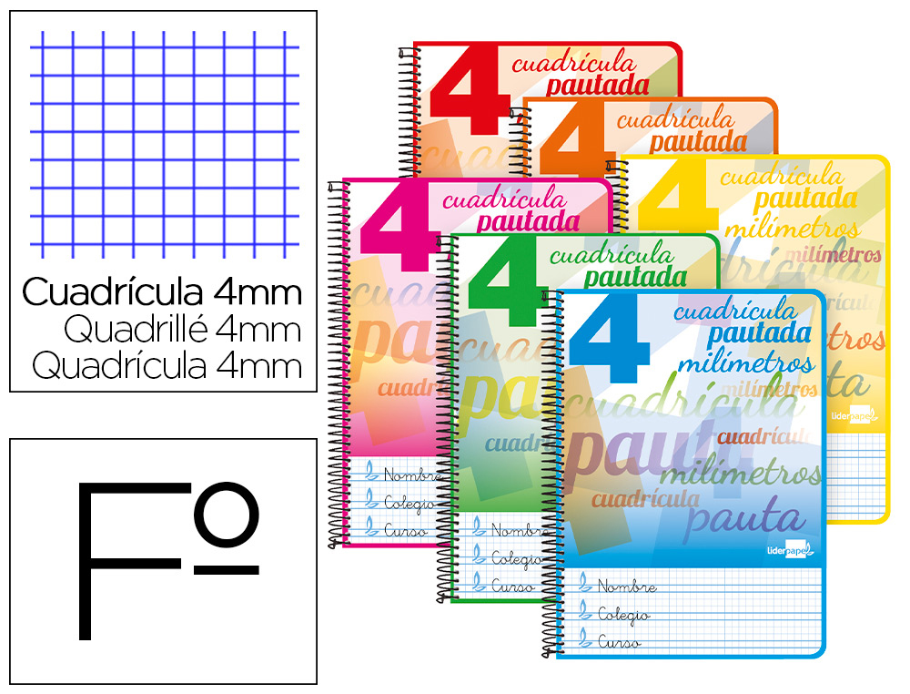 CUADERNO ESPIRAL LIDERPAPEL FOLIO PAUTAGUIA TAPA DURA 80H 75GR CUADRO PAUTADO 4MM CON MARGEN COLORES SURTIDOS