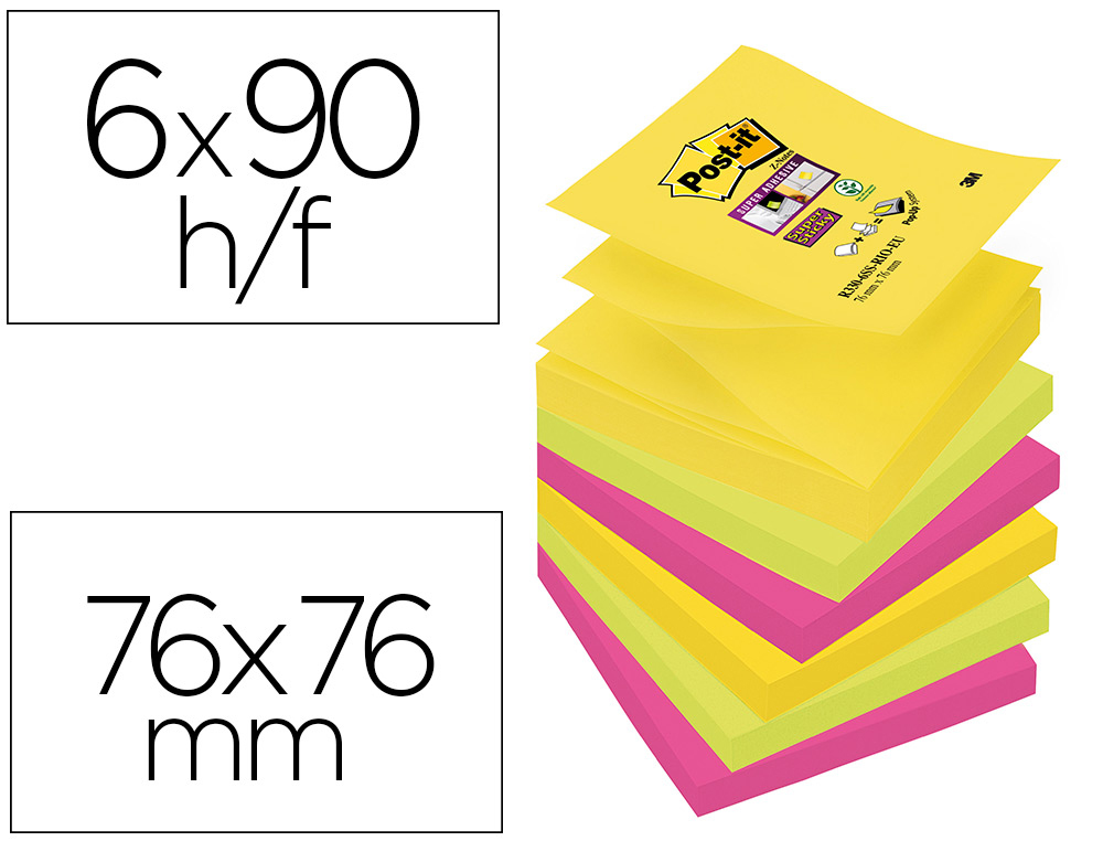 BLOC DE NOTAS ADHESIVAS QUITA Y PON POST-IT SUPER STICKY 76X76 MM CON 90 HOJAS PACK DE 6 BLOC COLORES SURTIDOS